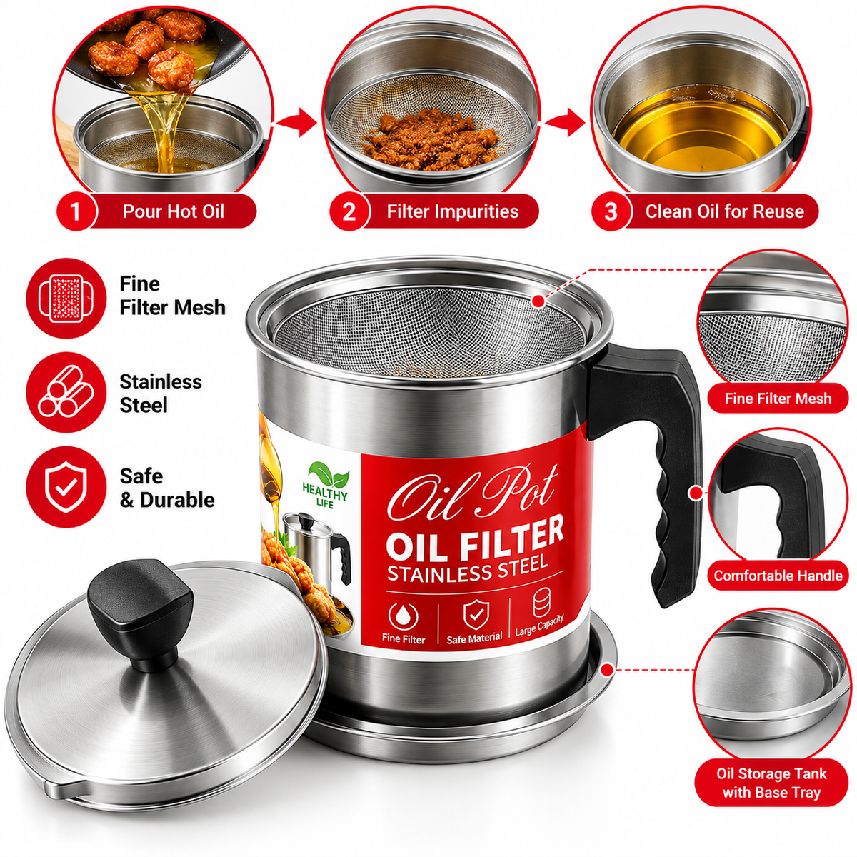 Stainless Steel Cooking Oil Filter & Storage Container – Reusable Frying Oil Strainer