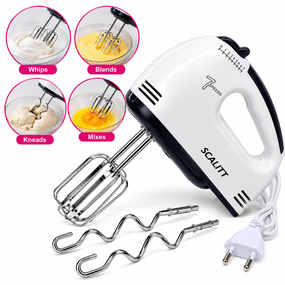 Scalitt 7-Speed Electric Hand Mixer – Powerful Beater & Dough Hook Set