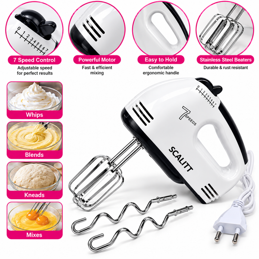 Scalitt 7-Speed Electric Hand Mixer – Powerful Beater & Dough Hook Set