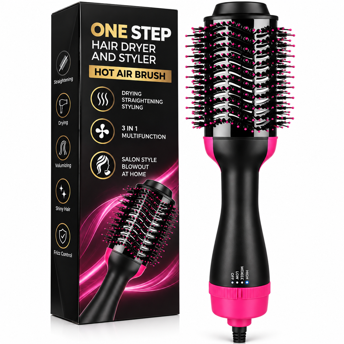 One Step 1000W Hair Dryer & Styler – 3 Heat/Speed Hot Air Volumizing Brush