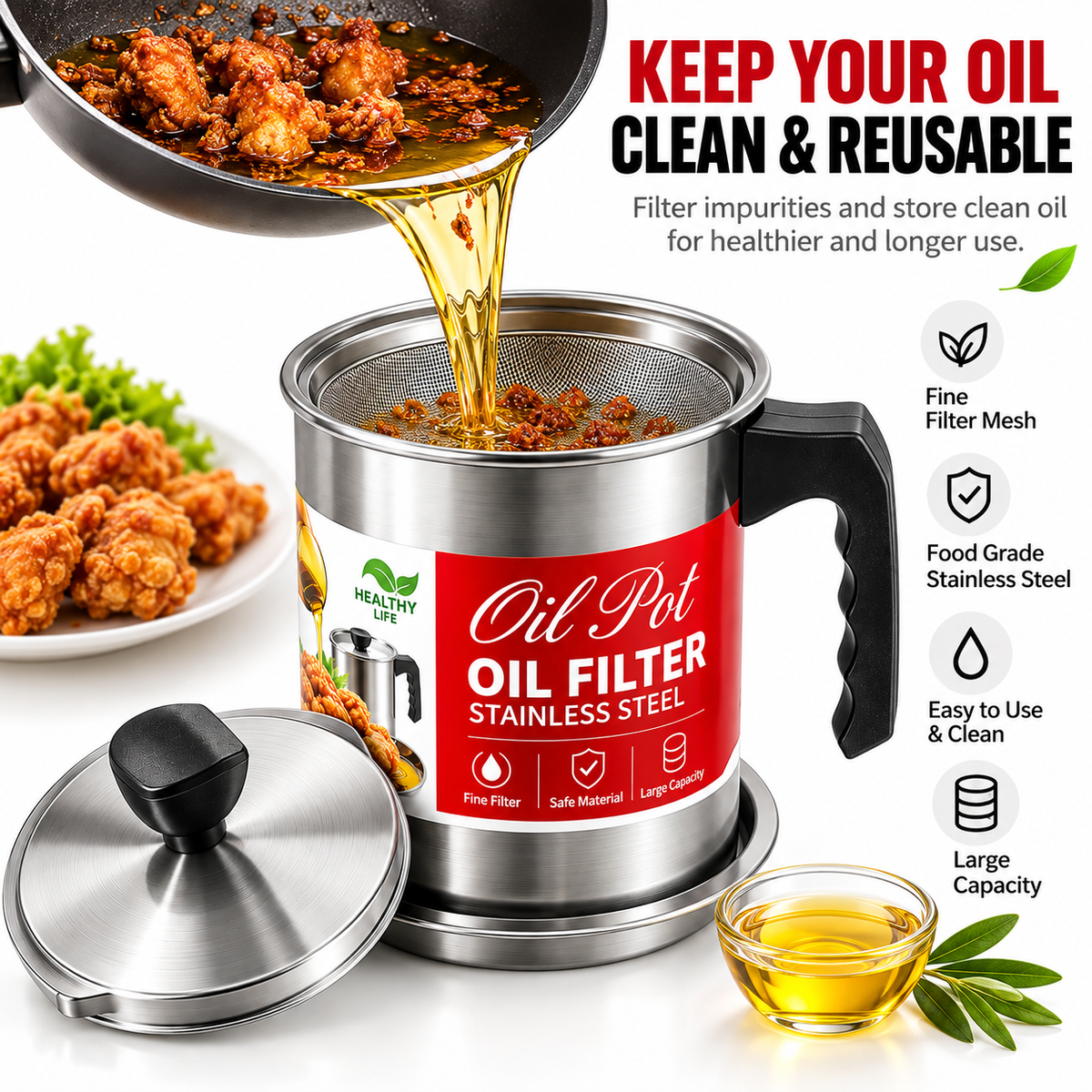 Stainless Steel Cooking Oil Filter & Storage Container – Reusable Frying Oil Strainer