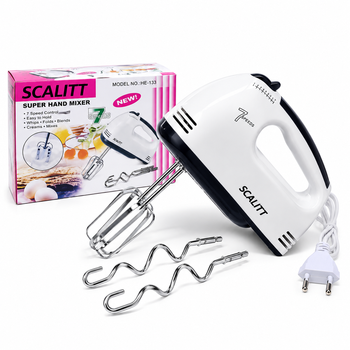 Scalitt 7-Speed Electric Hand Mixer – Powerful Beater & Dough Hook Set